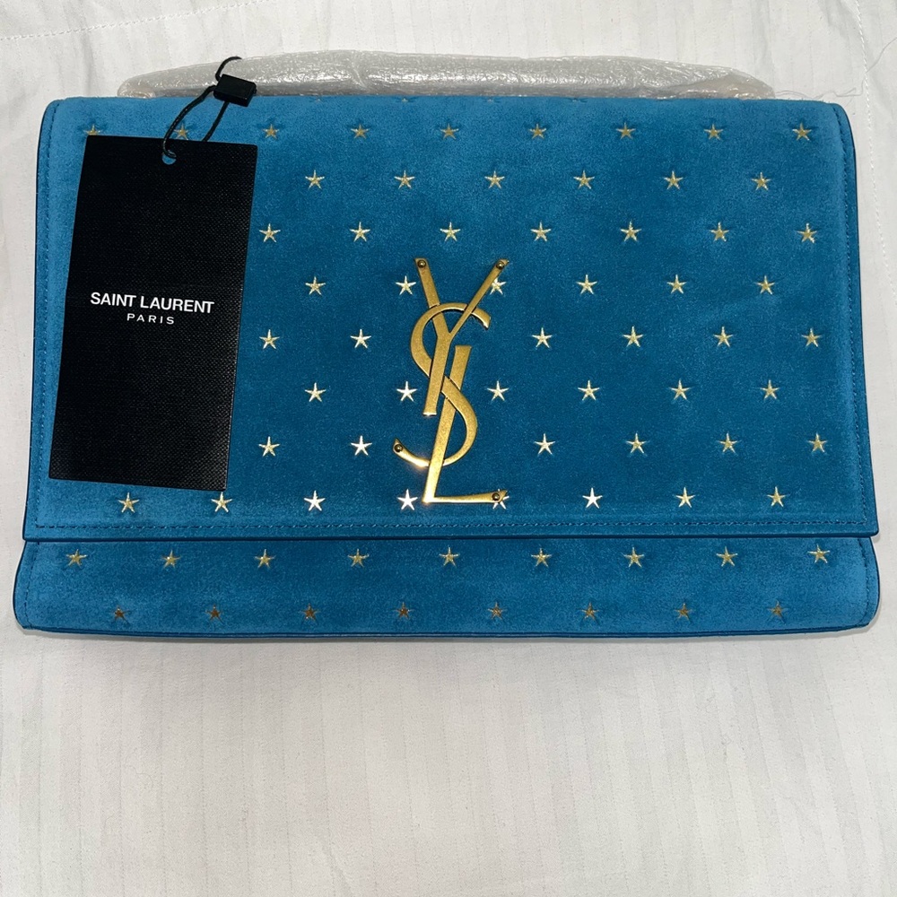 Saint Laurent Blue Star-Studded Suede Crossbody